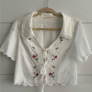 STITCH + FEATHER | white embroidered tie top S NWOT